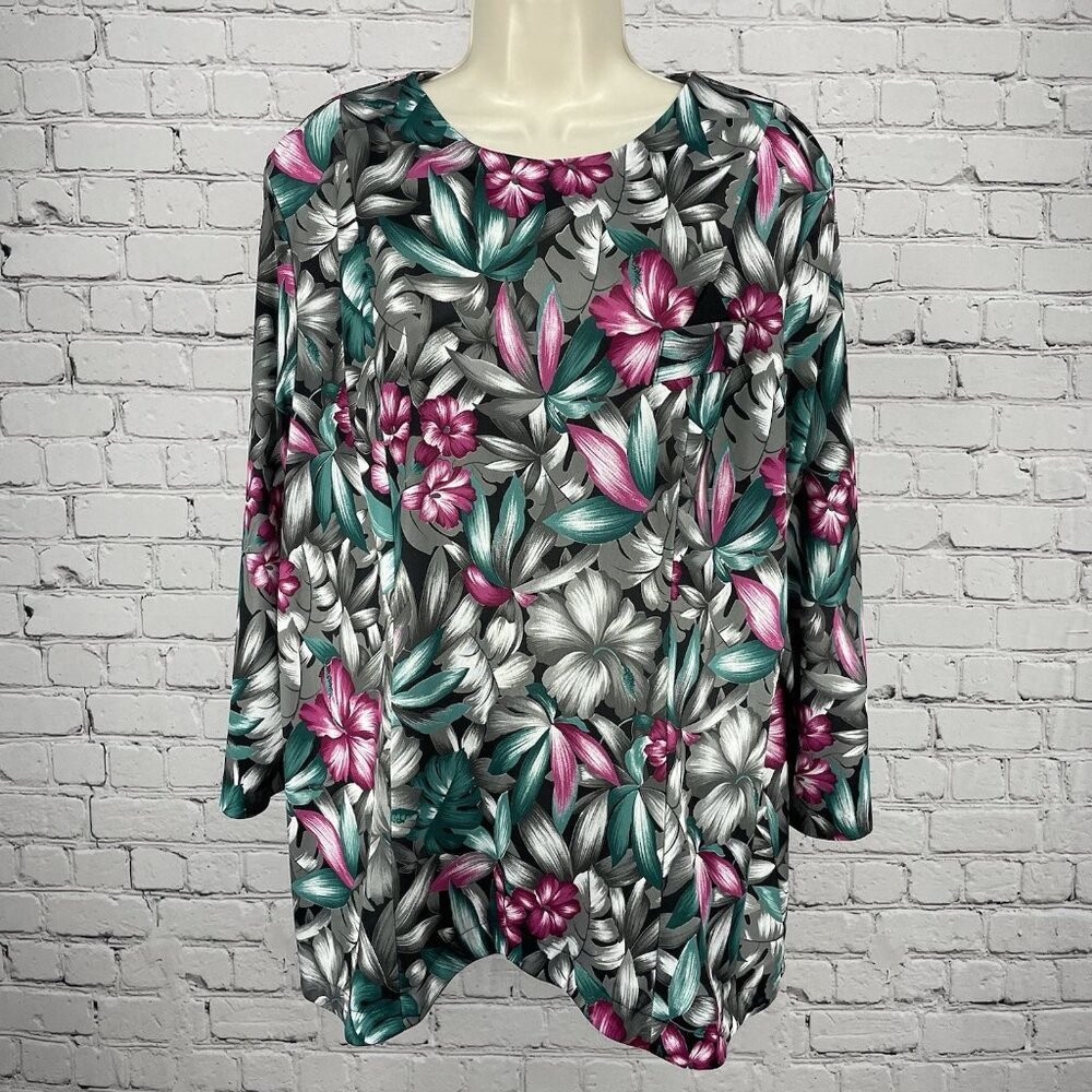 VTG MCS Ltd Grey Floral Hawaiian Long Sleeve Blouse Stretch USA Made Size 20W